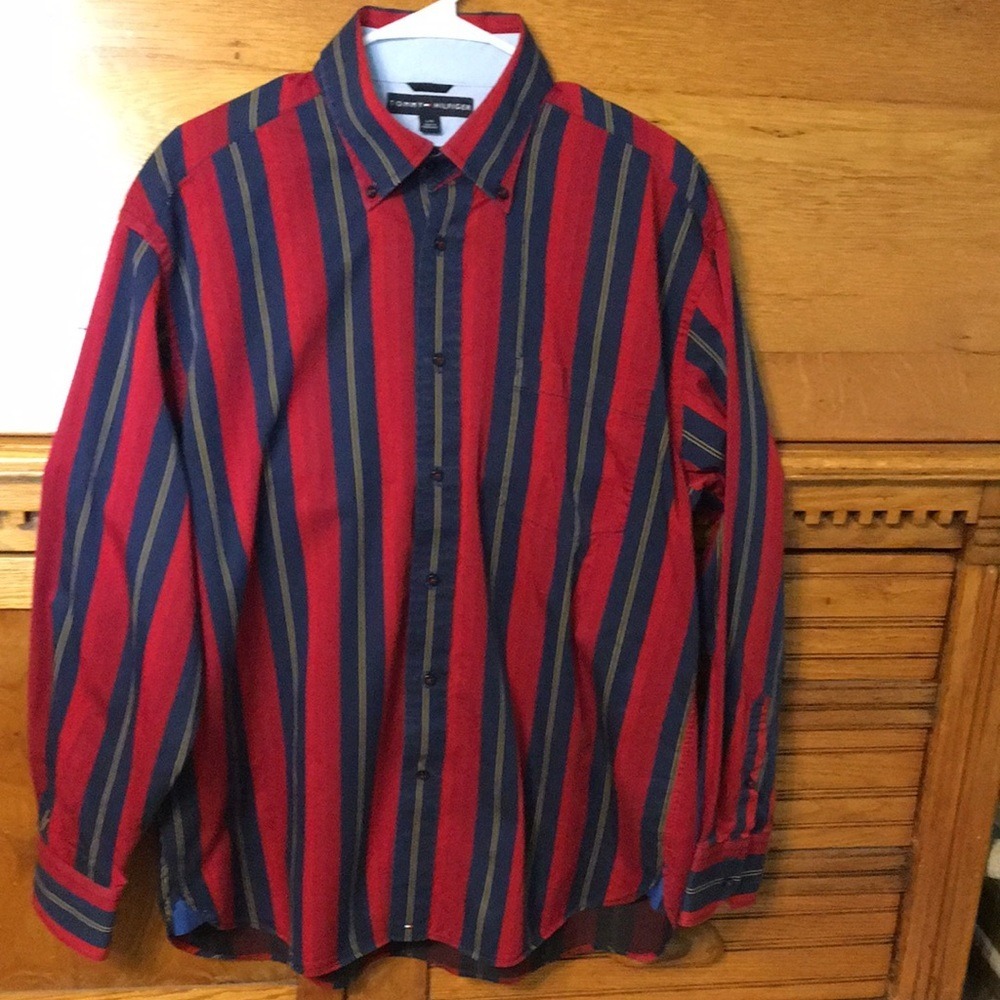 Tommy Hilfiger Preppy‎ 90s Vintage Red Navy Gold Striped Button Down Shirt L/G